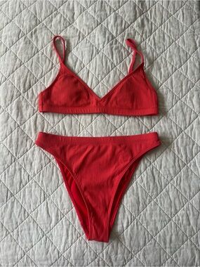 L.A. Hearts by PacSun Bright Red Ribbed Triangle Bikini Set